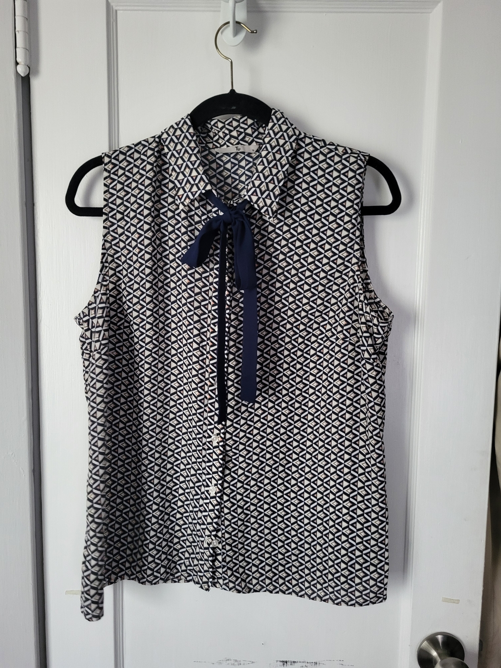 TU Navy and White Sleeveless‎ Geometric Tie-Neck Blouse size 16